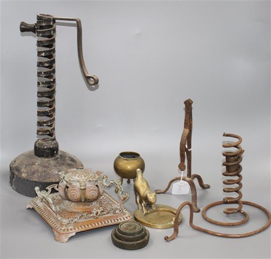 Two Victorian rush lights, ink stand, cat ashtray and assorted metalware